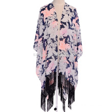 Fashion ladies floral print polyester fringe scarf